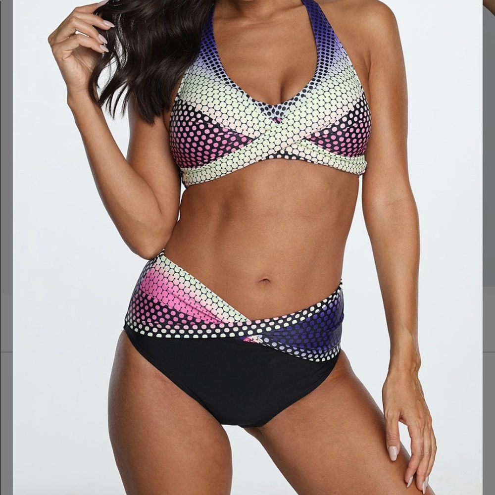 New Pink & Purple Dotted Cross Front Bikini Set XL